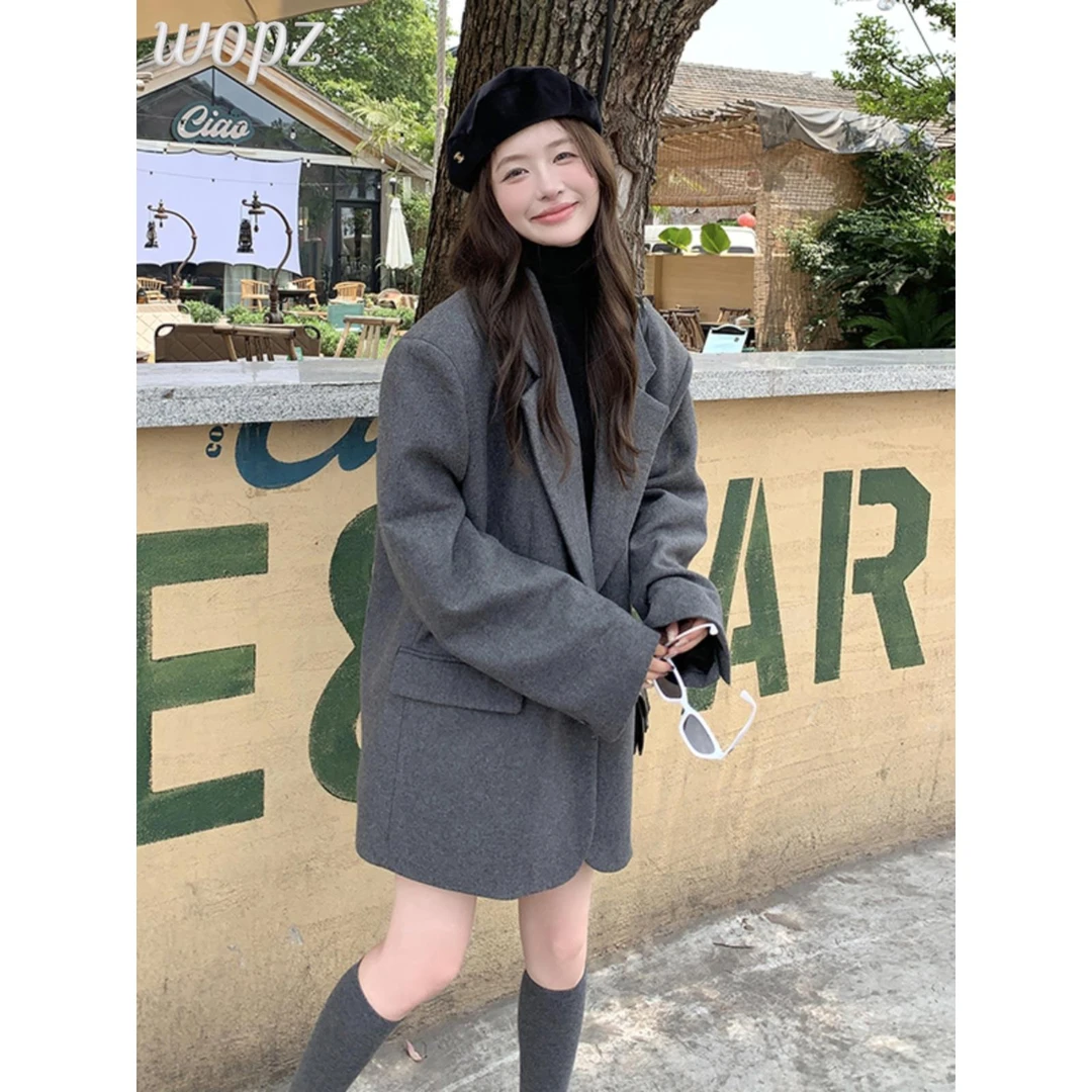 韩系高级感宽松毛呢西装女2025新款小个子休闲百搭毛呢外套小西服