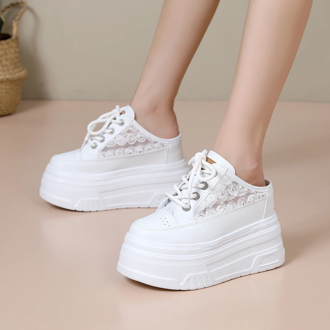 增高10、12cm夏季网面外穿半拖鞋超高跟小白鞋时尚百搭厚底休闲鞋