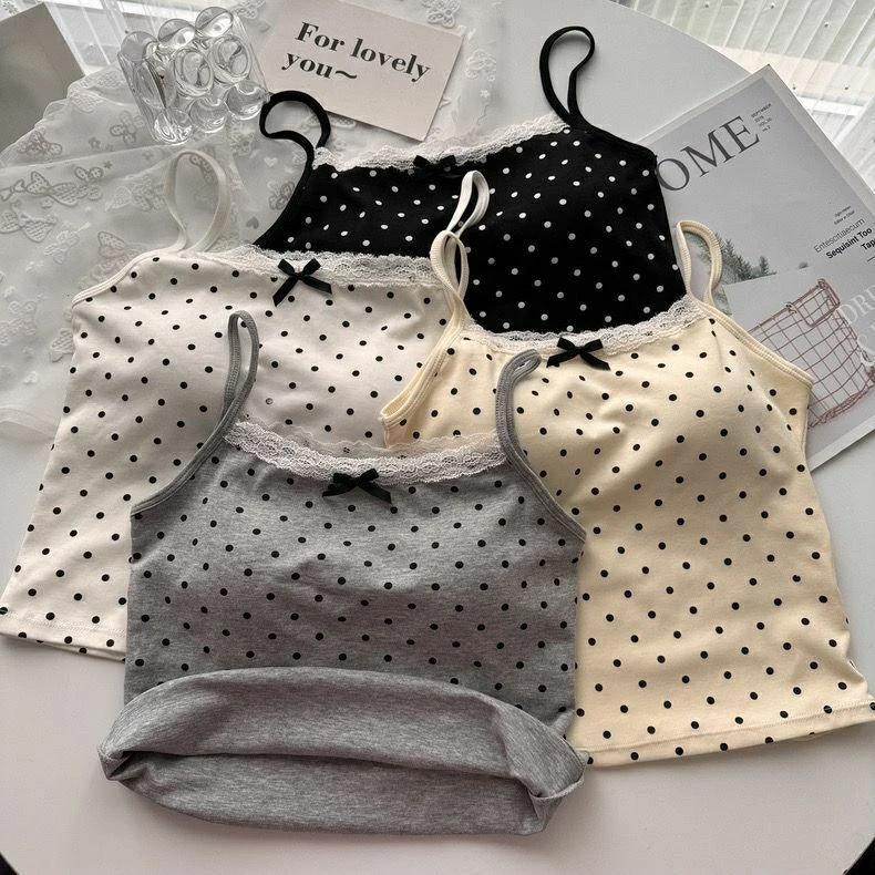 甜系财宝风波点小吊带美背背心一体式带胸垫裹胸短款打底短款上衣
