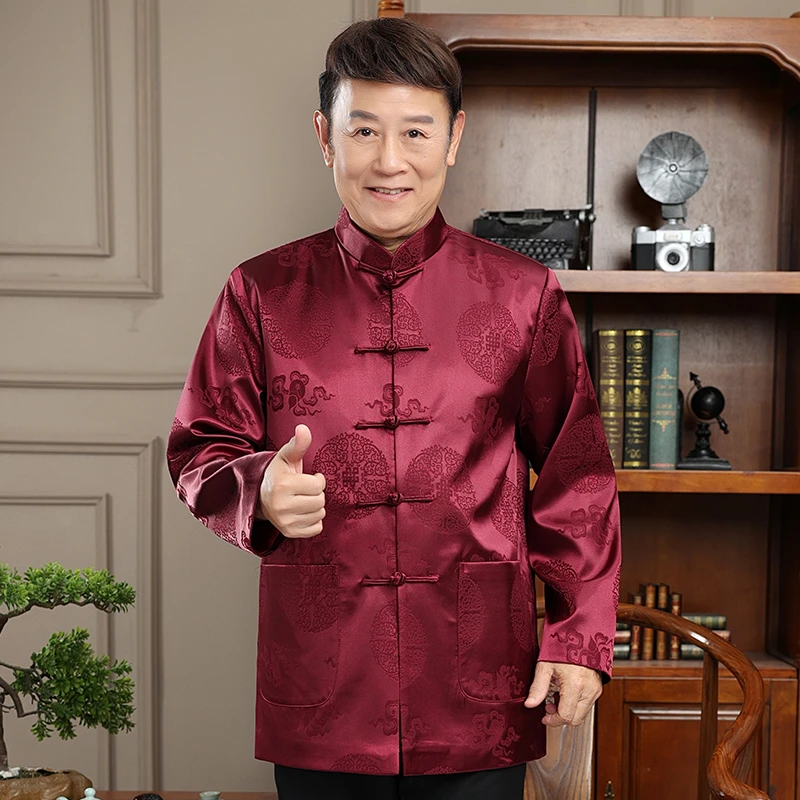 春秋款唐装男中老年爸爸装外套老人过寿衣服本命年红色喜庆婚礼装