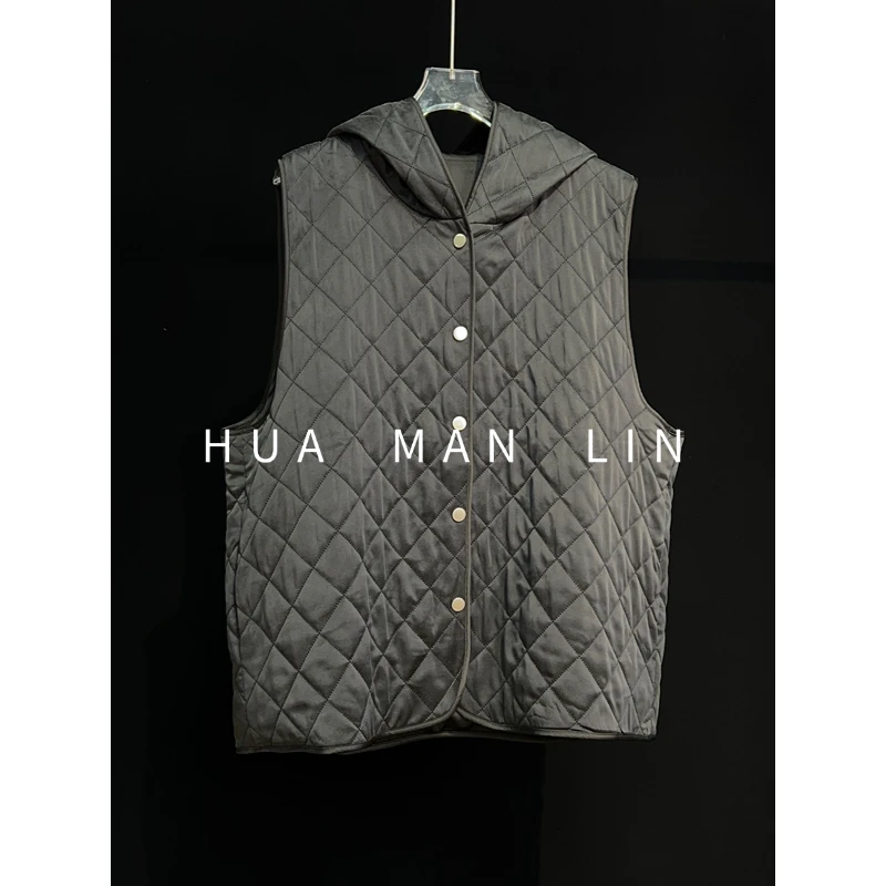 【花满林】菱格连帽真丝桑蚕丝加厚马夹251479