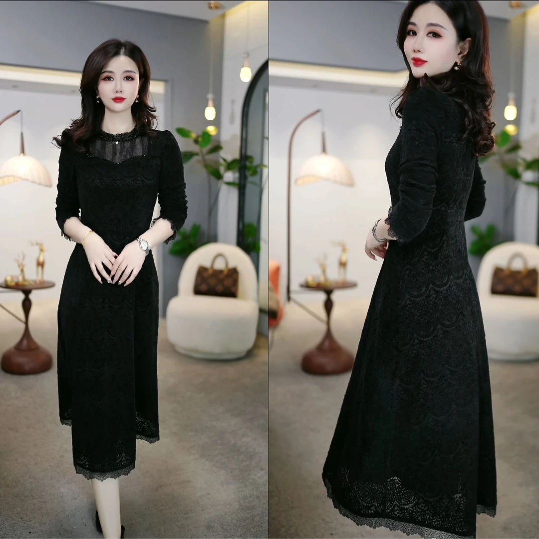 2024秋冬黑色圆领暗纹蕾丝长袖时尚简约显瘦修身女装连衣裙M-4XL
