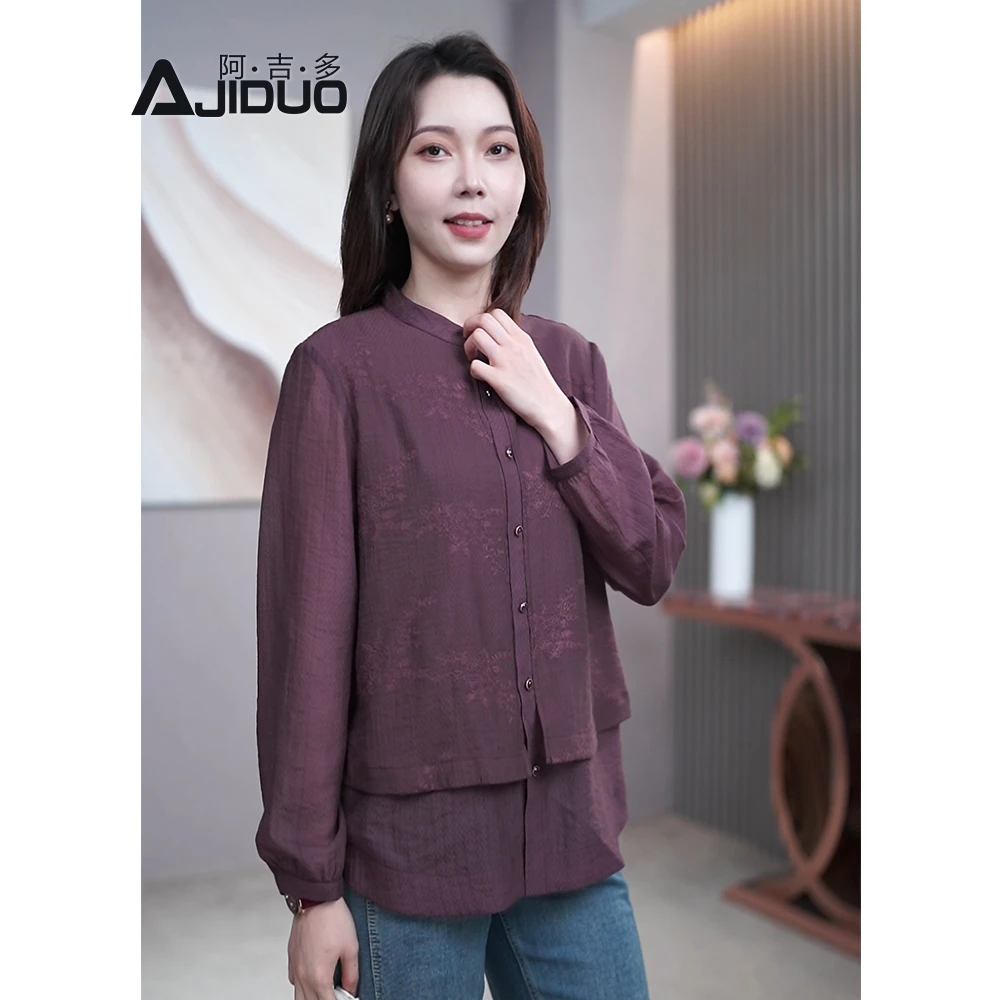 气质假两件衬衫女春季新款女士优雅立领衬衣大码长袖上衣A31350