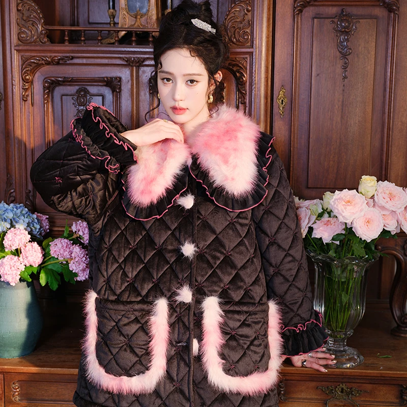 原创豹纹撞色三层加厚夹棉睡衣两件套宽松加绒加棉家居服套装冬新