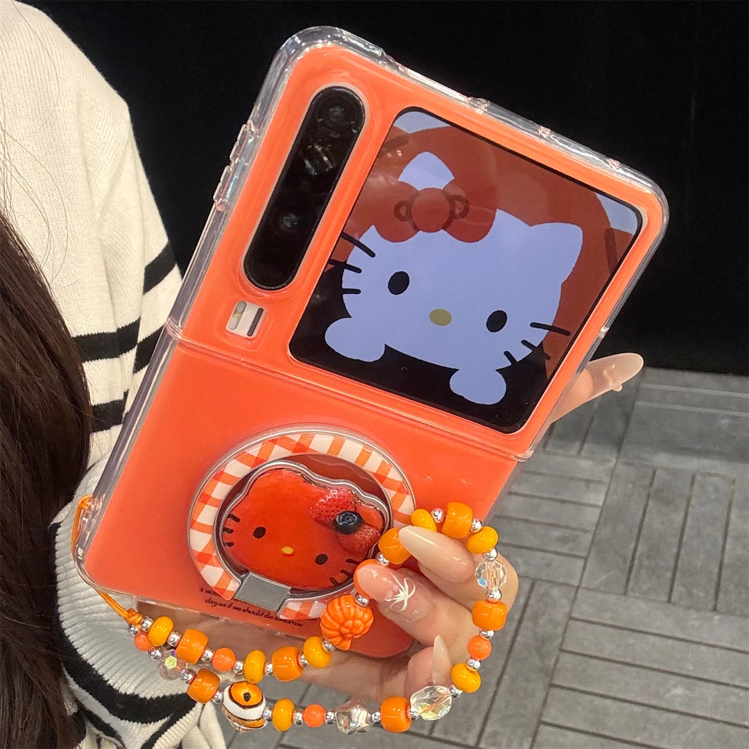 适用华为purax典藏版折叠屏手机壳PuraX橙色kt猫折叠磁吸支架链条