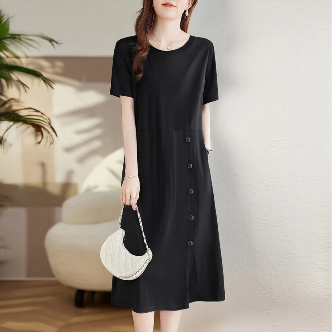 黑色短袖连衣裙女夏季2025新款宽松大码女装遮肚子显瘦A字中长裙