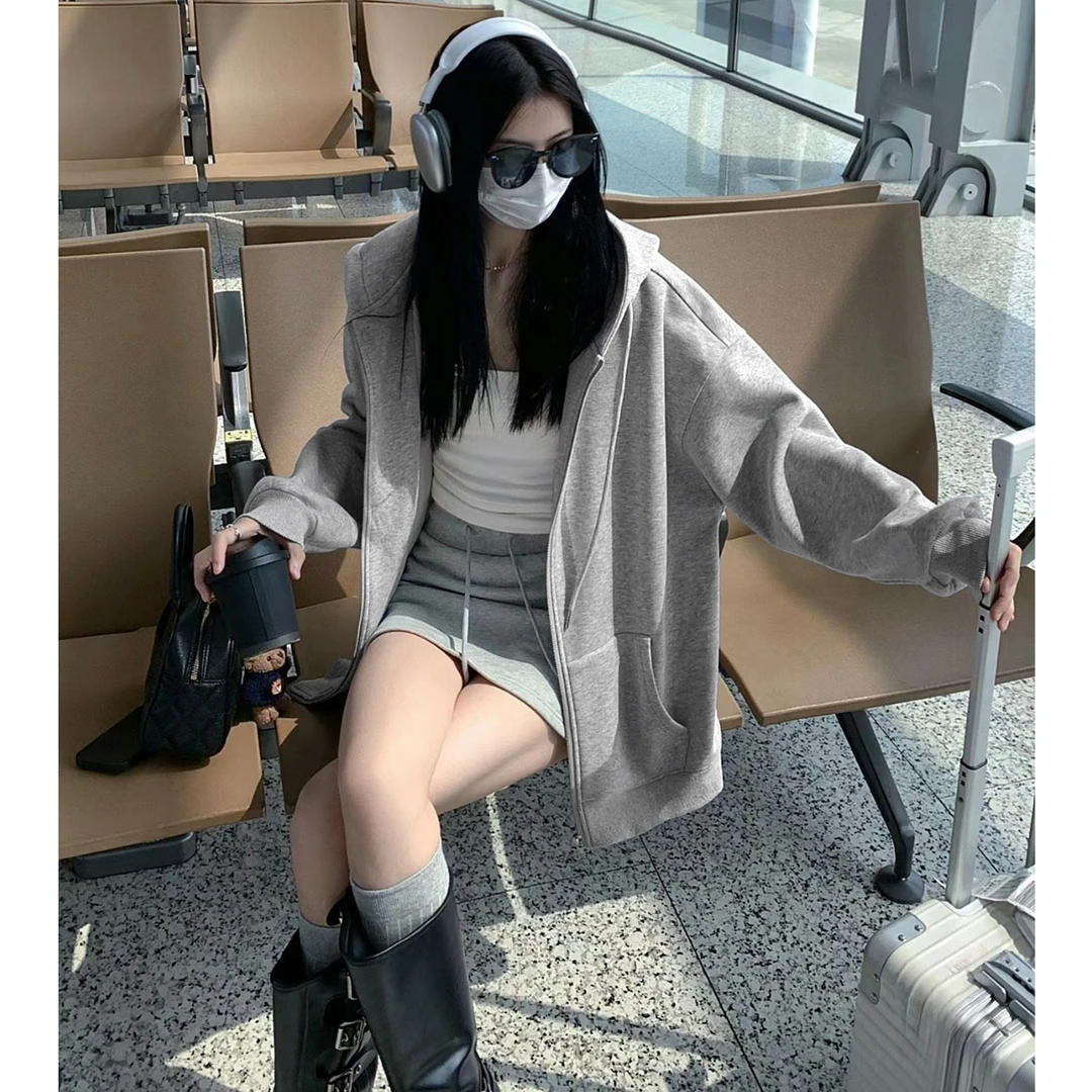 浅灰色连帽卫衣女春秋季小个子慵懒风百搭外套宽松运动上衣开衫潮