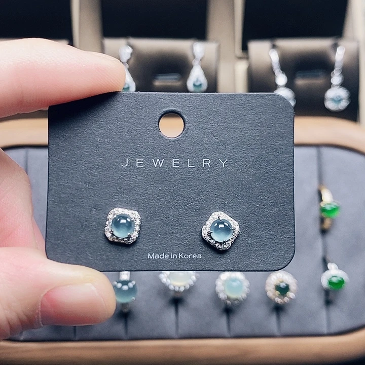 翡翠耳钉银S925镶嵌方糖耳钉