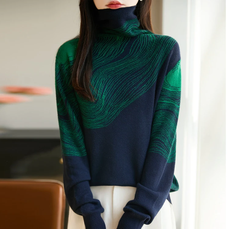 2025秋冬女宽松显瘦纯100羊毛高领毛衣藏青墨绿波浪纹理复古港风
