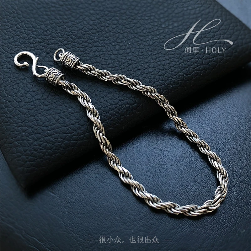 925银手链 时尚个性情侣麻花扭纹复古高级感百搭叠戴气质素款手链