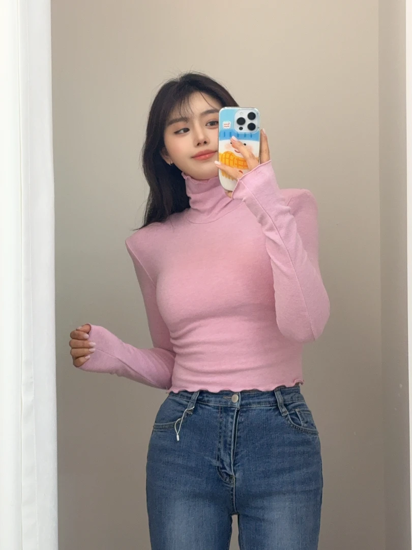 【NO退换】东大门花边袖高领垫肩上衣