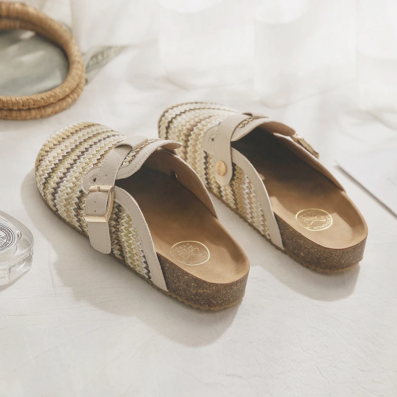 羊皮版~编织勃肯一脚蹬懒人复古包头半拖鞋女夏季外穿2025xk