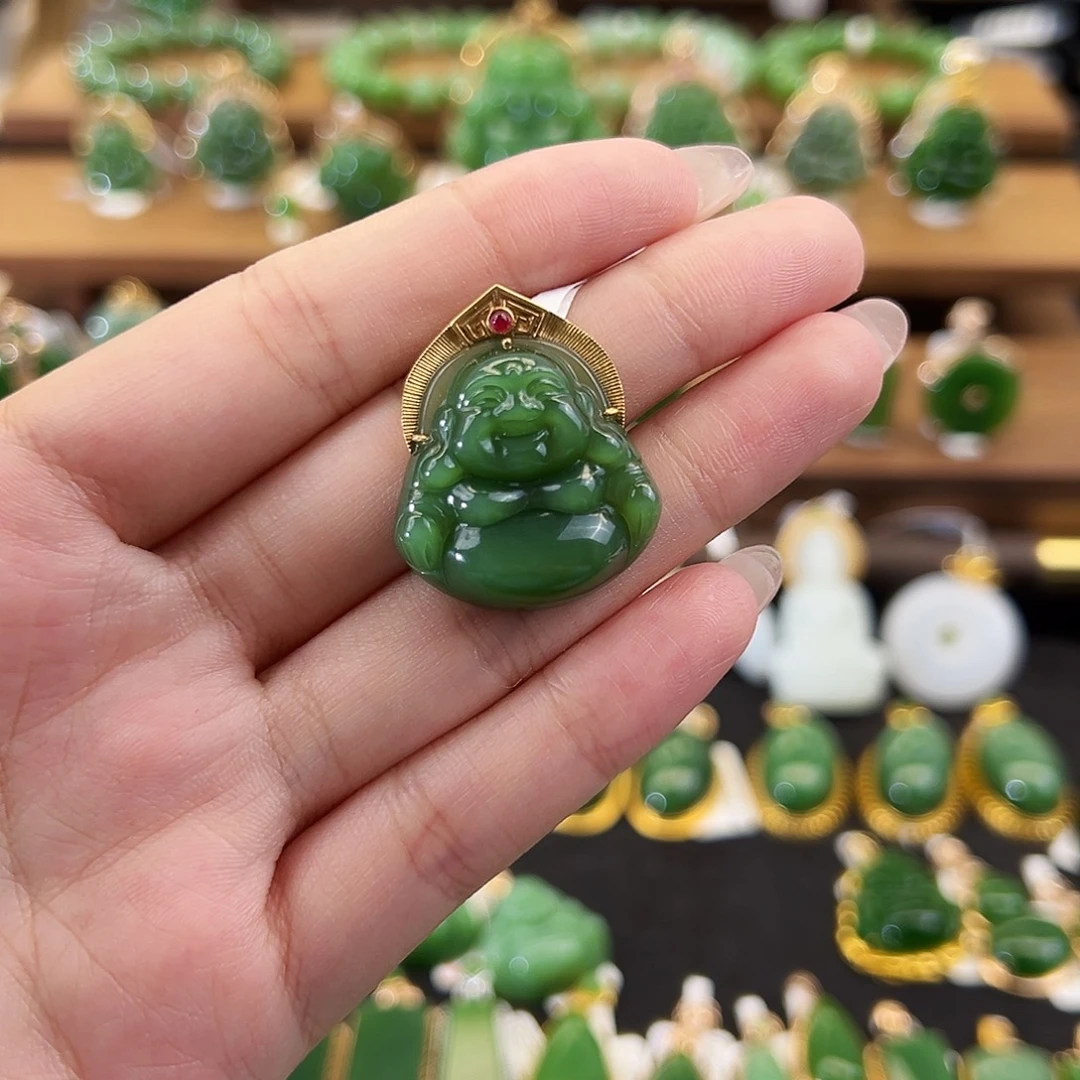 吊坠(不含链)18K金镶嵌和田玉老料冰猫佛公25mm