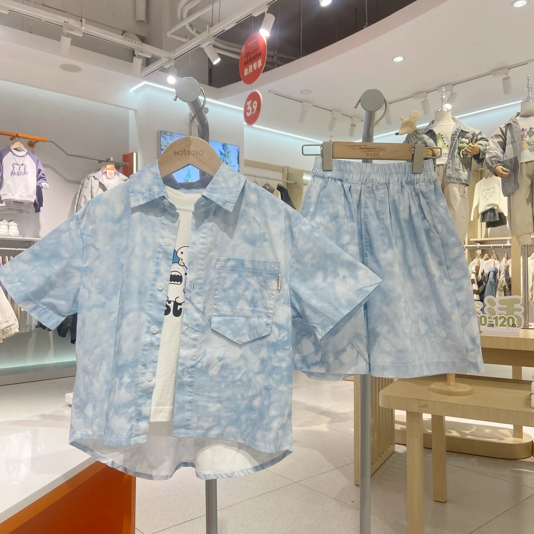皇室童缘【纯棉】中大童2025夏季男童扎染衬衫套亲子装17230580016