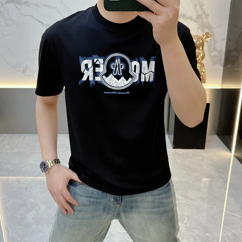 冰希轻奢.欧货潮牌男士圆领T恤休闲百搭帅气刺绣短袖2025夏季新款