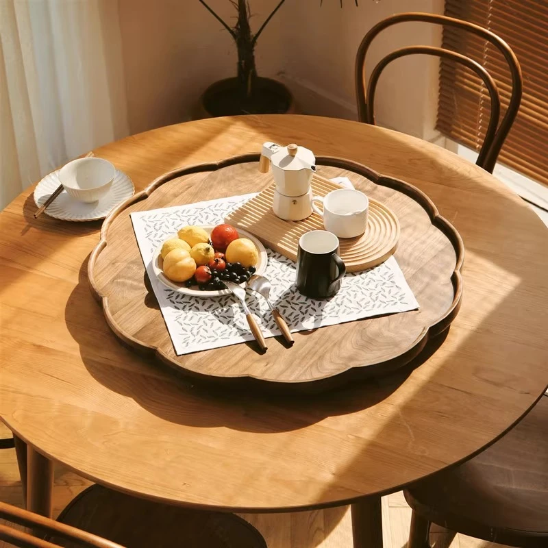 北欧日式圆形实木餐桌带转盘4人小户型多功能樱桃胡桃木旋转饭桌