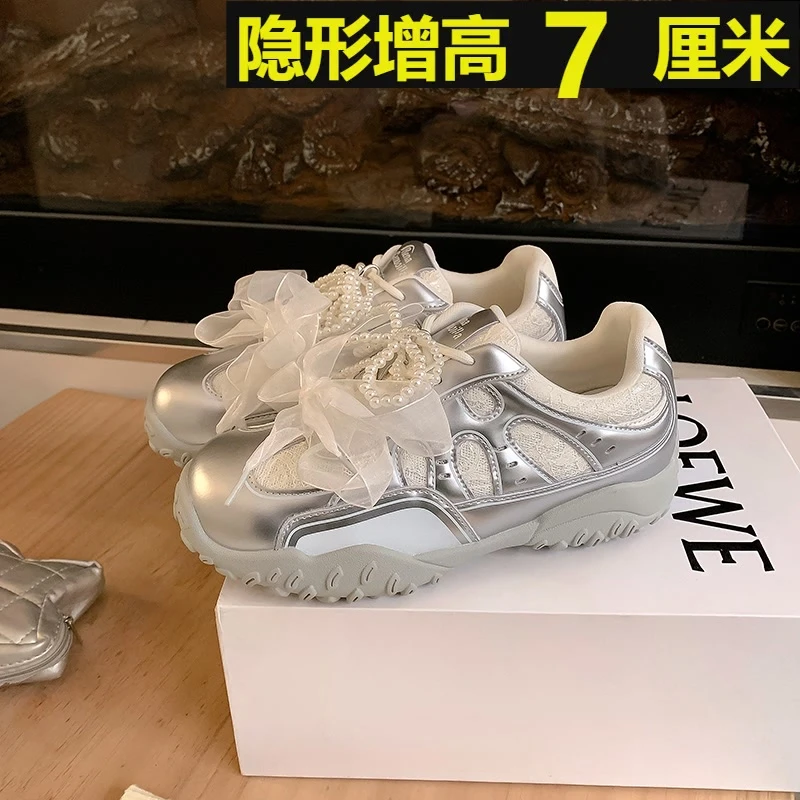 7cm厚底内增高芭蕾风网面透气德训鞋女鞋子2025春夏阿甘鞋小白鞋
