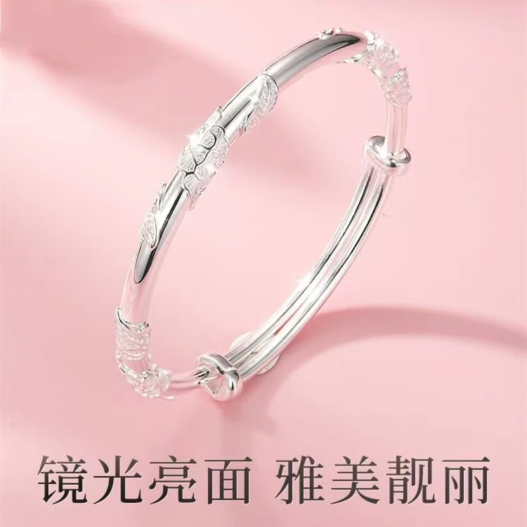 999纯银手镯 【直播推荐】银色手镯女款百搭繁花似锦手镯送女友礼物