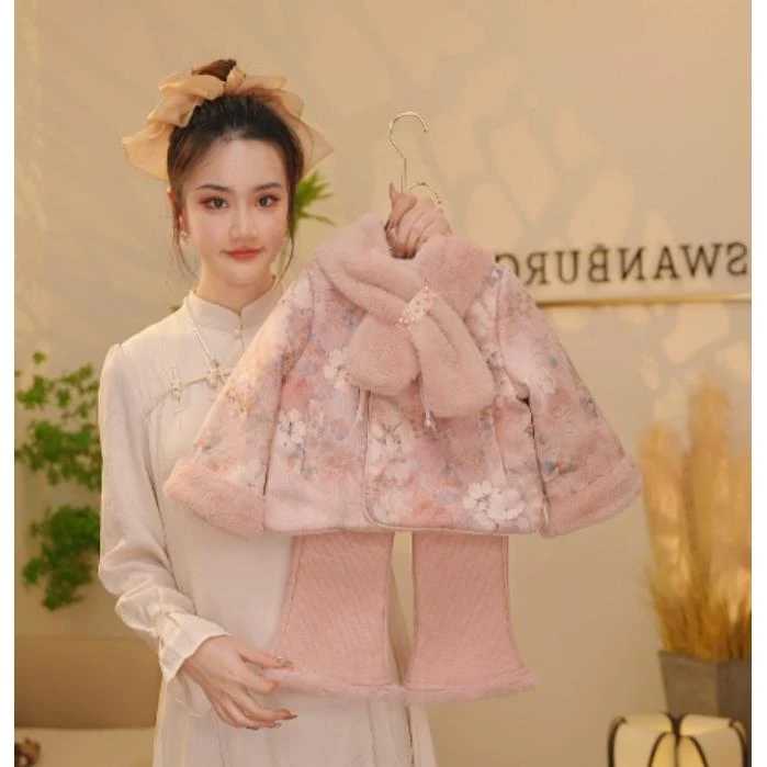 【Y.k2465】2024新款女童气质围脖加厚棉服外套喇叭裤中国风套装