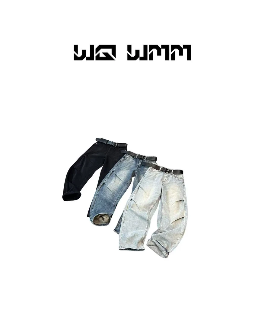 【WQWMM】小众设计做旧洗水重工显瘦捏捏小弯刀磨毛牛仔裤25A11086