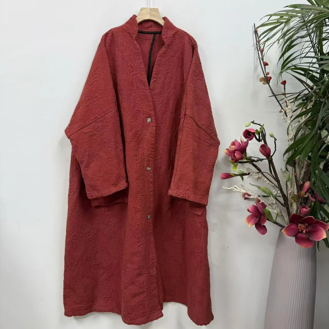 花璟原创~复古炒色做旧V领压纹中长款风衣外套（衣长116胸围150）