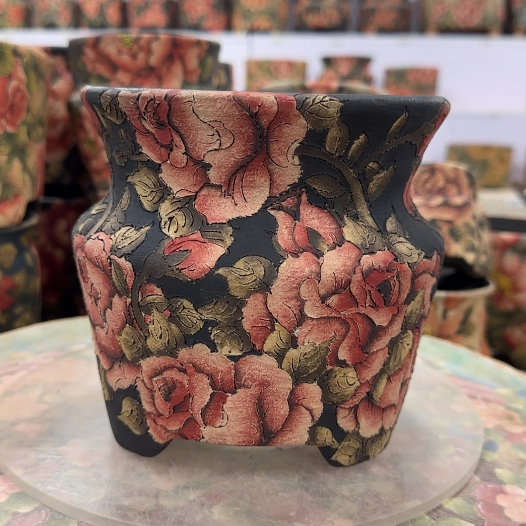 杨***花紫砂花盆瑕疵精品多肉手绘花盆