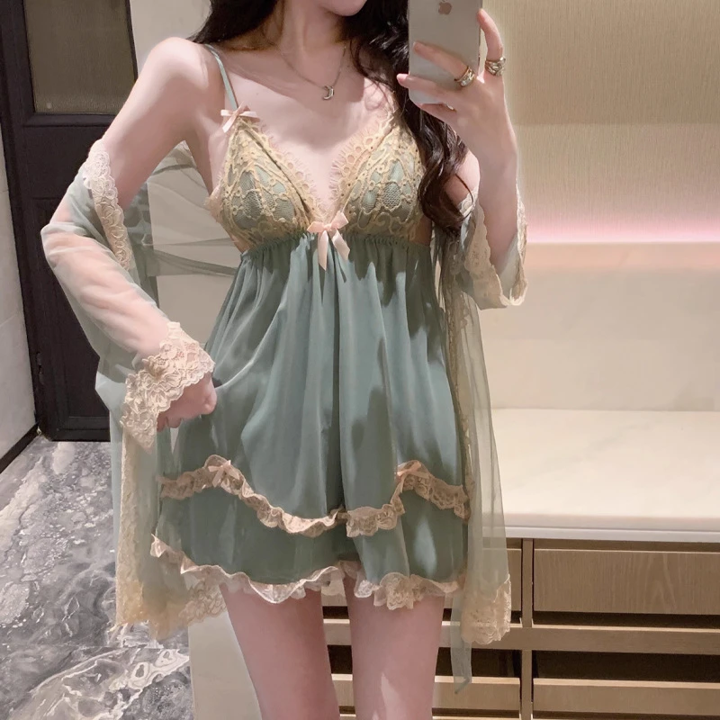 带胸垫性感女2025新款夏季春秋款纯欲风冰丝蕾丝秋季睡衣女款