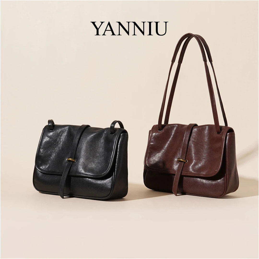 岩牛冬季新款邮差包女单肩斜挎百搭复古通勤女包小众简约YN3521