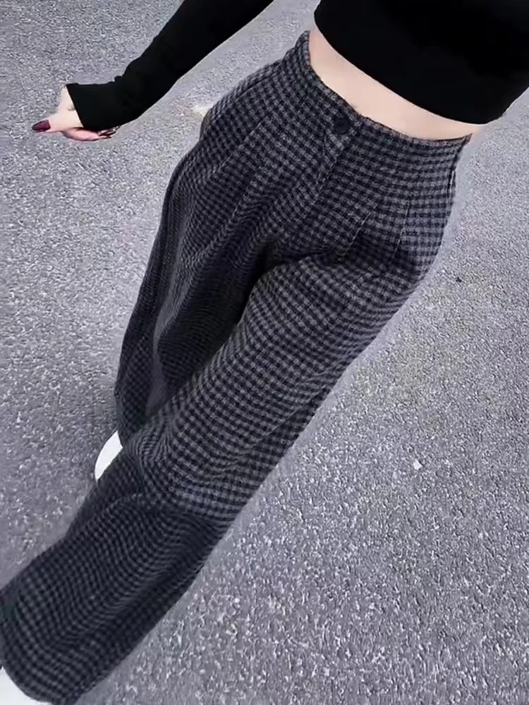 韩系潮流撞色格子裤春秋新款梨形遮肉显瘦百搭高腰休闲阔腿裤