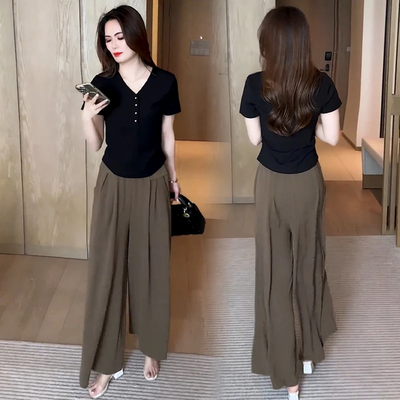 时尚洋气套装女夏季新款今年流行V领T恤上衣阔腿裤休闲显瘦两件套