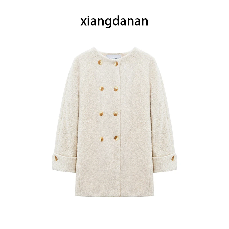 【现货】xiangdanan 冬季双排扣外套女冬杏色外套百搭/8651