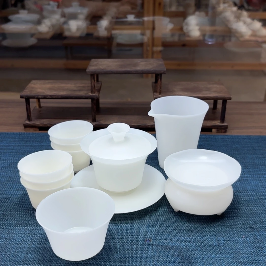 薄胎素烧璞玉冰种玉瓷茶具