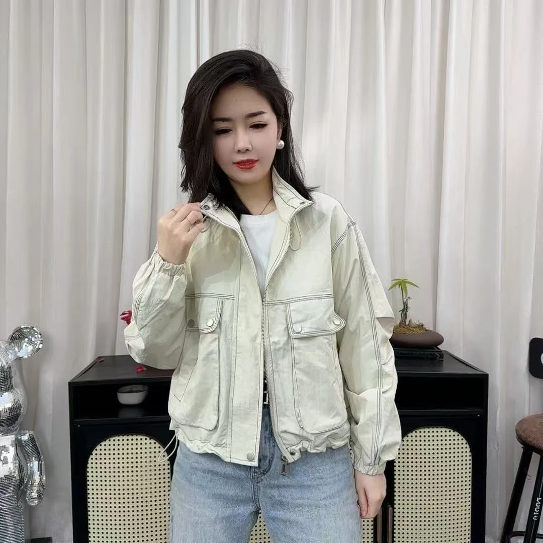 韩版明线立领时尚短外套女2025新款春夏宽松设计感百搭夹克上衣女