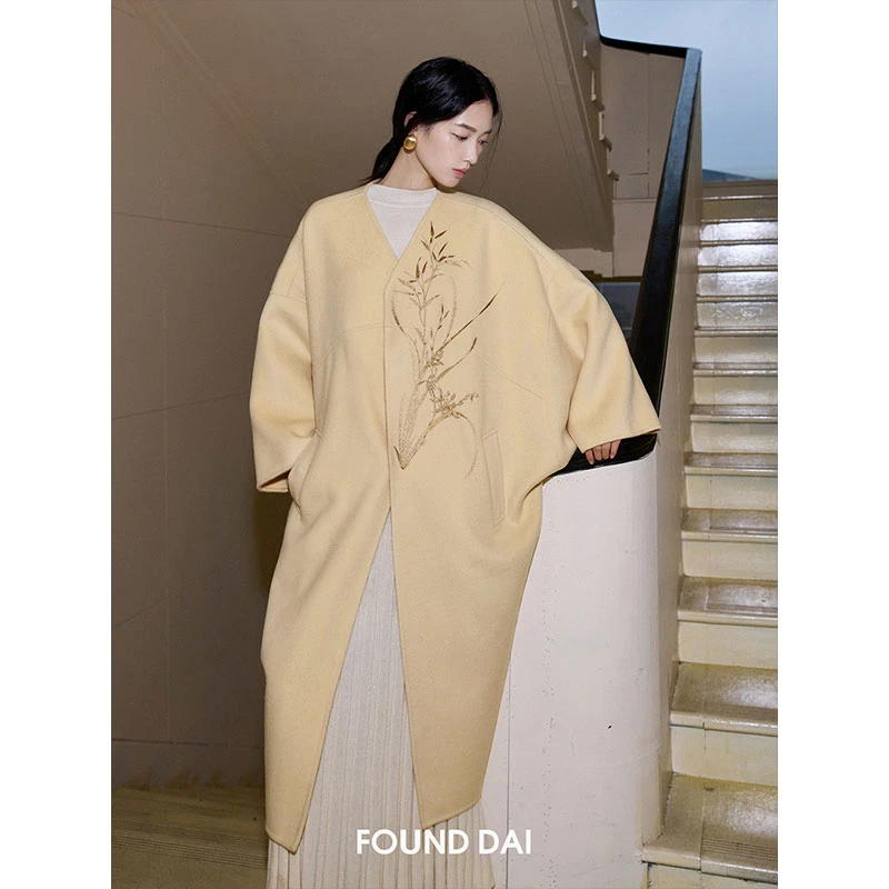 羊毛羊绒手工双面呢 中式兰花刺绣|复古茧型呢大衣