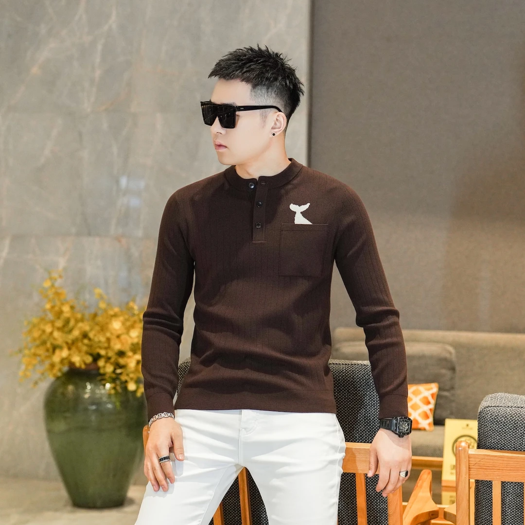 2025秋冬新款圆领针织衫男长袖打底修身休闲百搭毛衣潮牌上衣8831