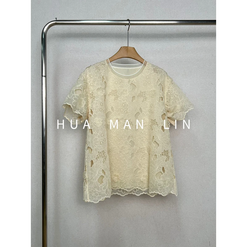 【花满林】‘若仙’圆领拼接烧花镂空花朵里衬桑蚕丝上衣257309