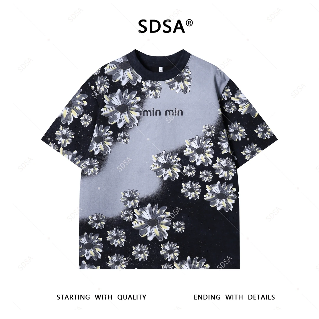 SDSA男士短袖t恤2025新款轻痞帅男装撞色花卉印花满天星圆领上衣