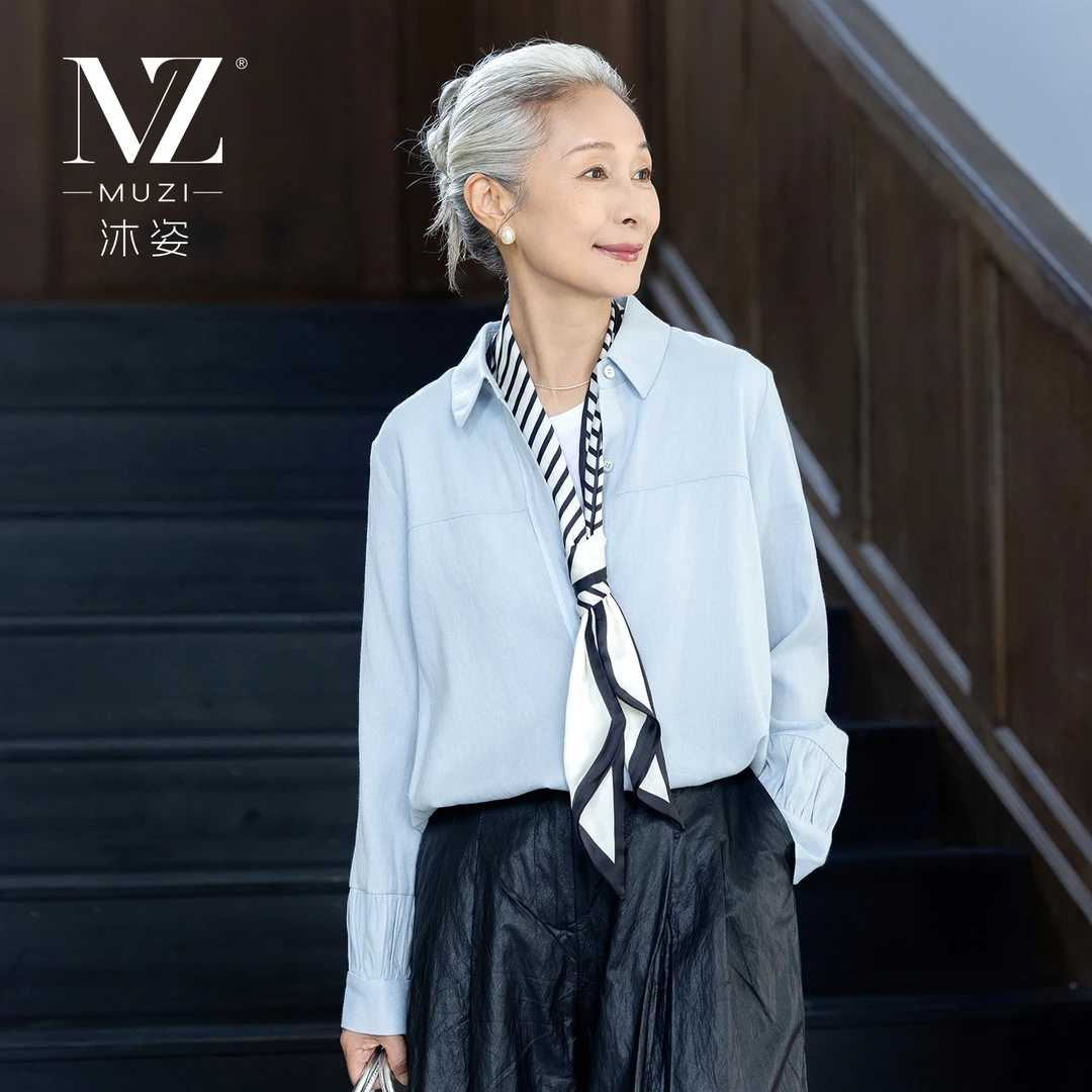 沐姿秋季法式风长袖衬衫时尚减龄极简高级感中年妈妈装方领女装