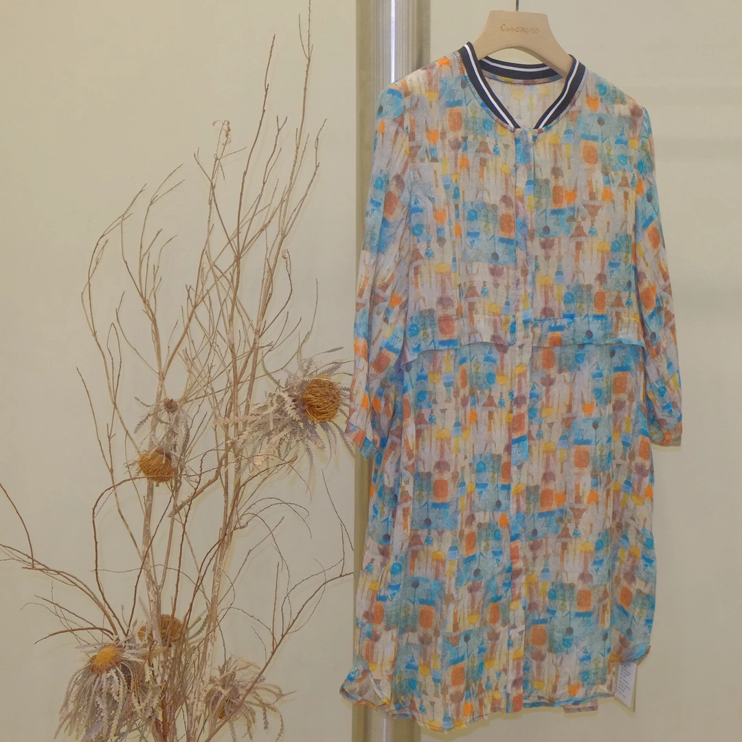 夏季宽松气质时尚数码印花苎麻连衣裙长裙