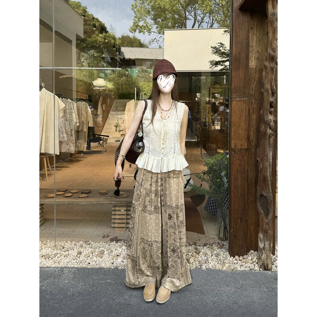 轻盈感民族风腰果印花休闲阔腿裤