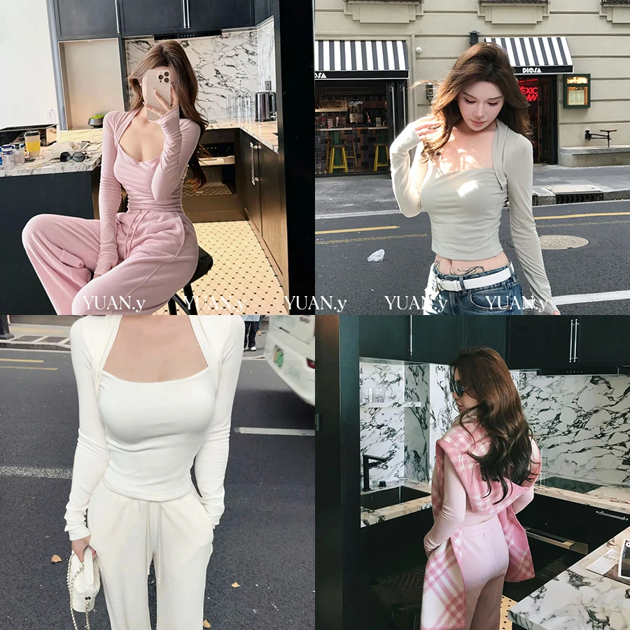 媛媛【气质担当】纯色长袖t恤女秋正肩修身内搭打底收腰上衣#D0997