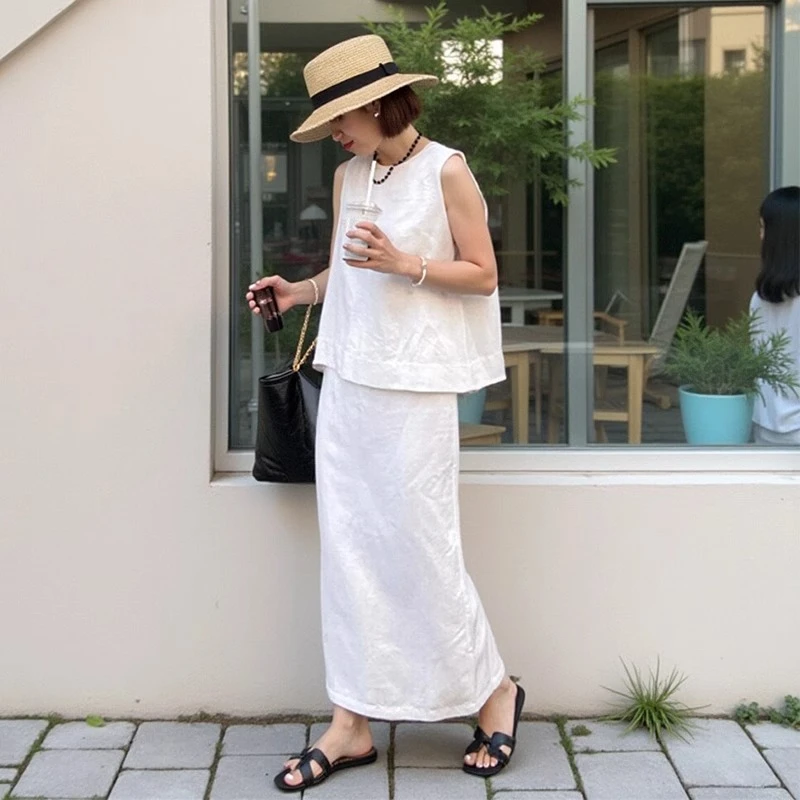 小众女装白色棉麻套装裙夏季洋气衣服女亚麻无袖背心上衣半身长裙