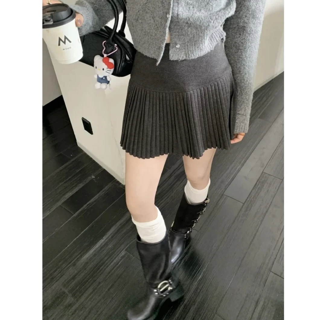 韩系深灰色复古a字半身裙短裙女2025秋冬新款高腰遮胯百褶裙ins