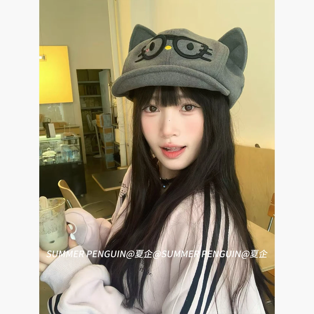 SUMMER PENGUIN秋冬可爱刺绣KT猫咪耳朵毛呢八角贝雷帽子女显脸小