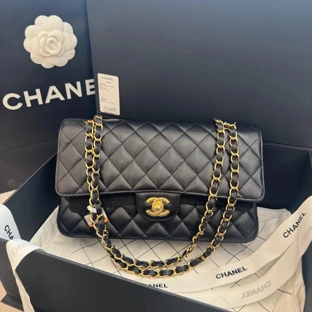 未使用 Chanel/香奈儿 黑金CF中号 荔枝牛 芯片款 经典口盖包
