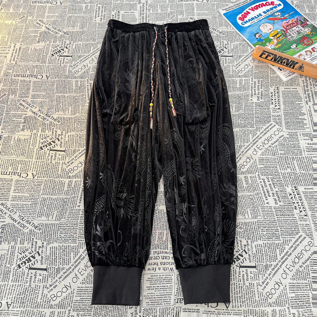 暗黑系束脚运动裤男秋季中国风龙纹提花金丝绒卫裤大码宽松哈伦裤