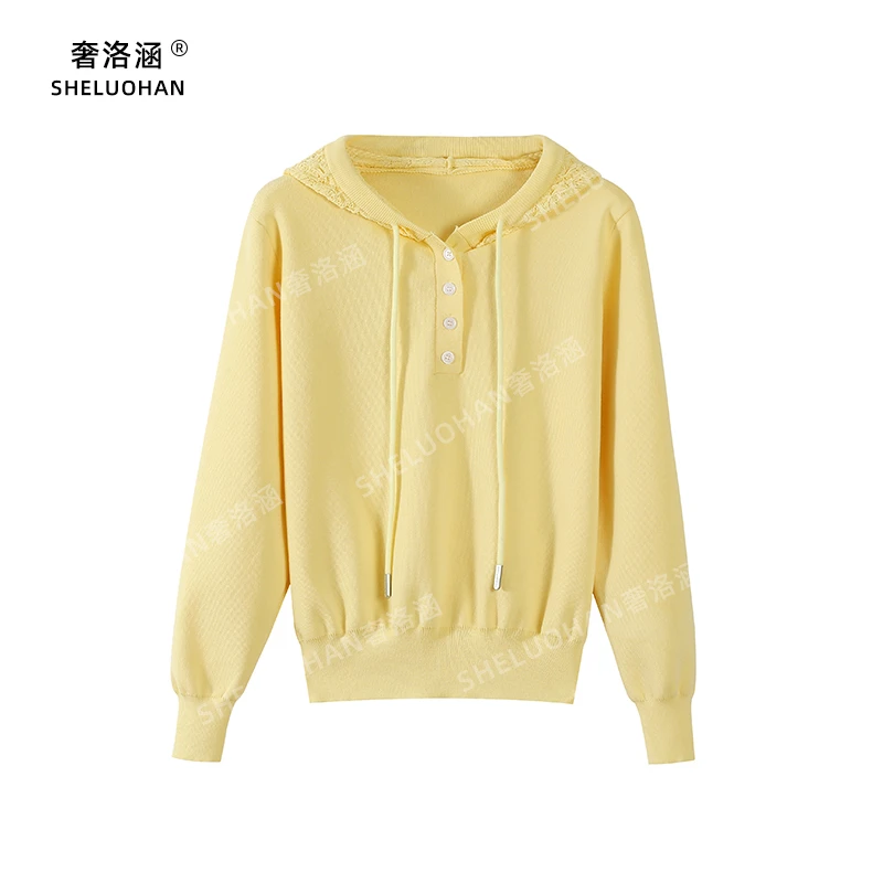 冰丝蕾丝边连帽针织衫卫衣女春季新款盐系宽松抽绳纯色外穿短外套