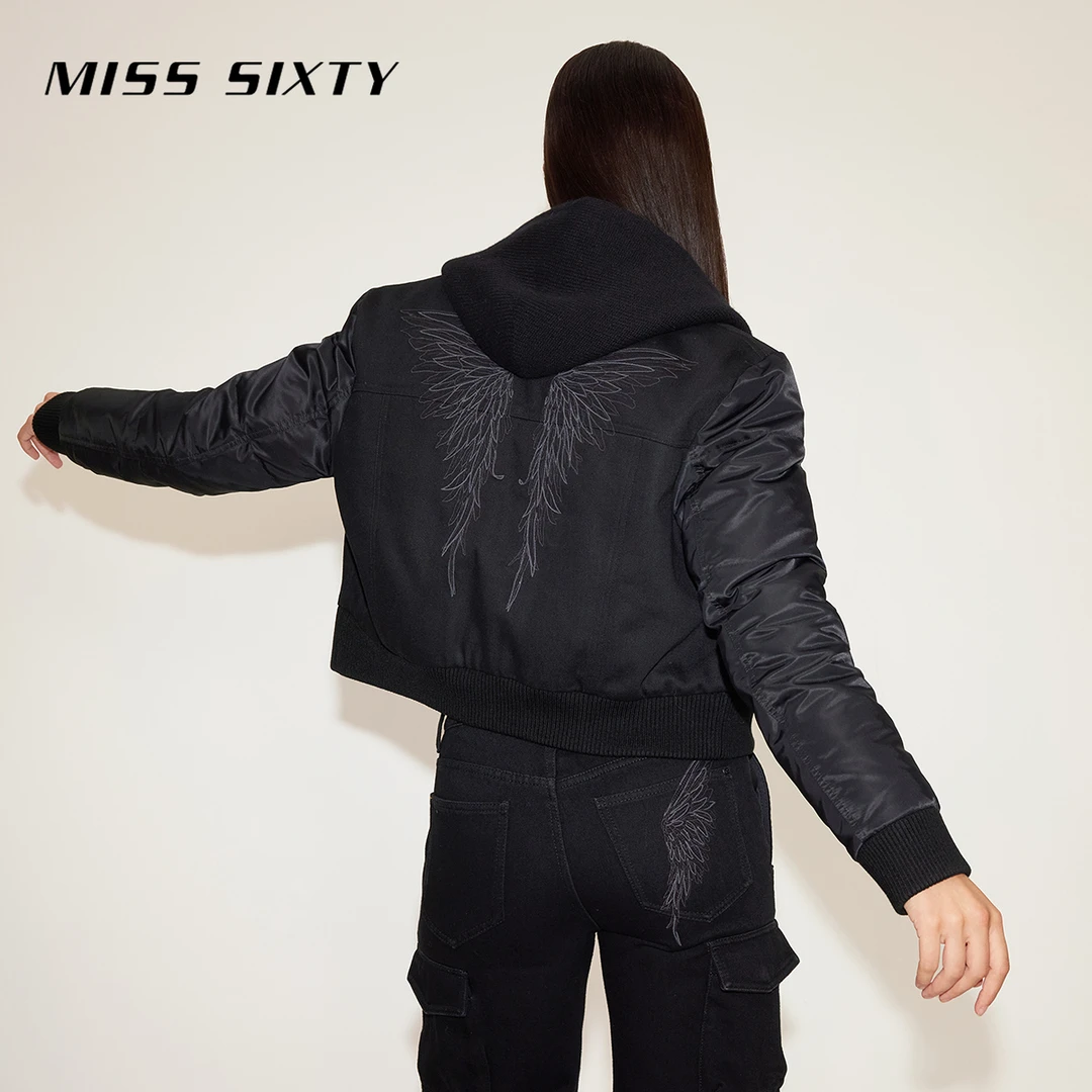 Miss Sixty天使系列牛仔冬季90绒保暖羽绒外套女夹克拼接棒球服