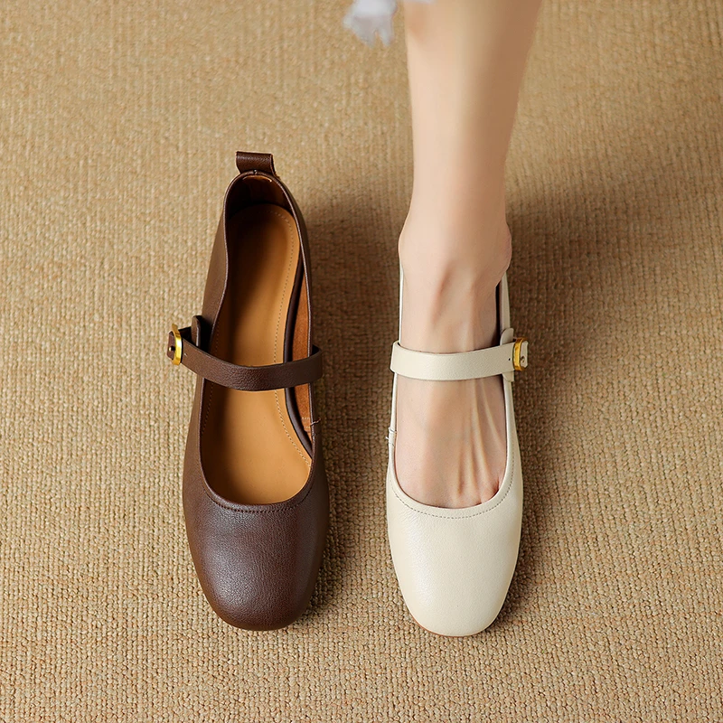 法式优雅真皮一字带玛丽珍鞋女2025春夏季圆头小皮鞋复古粗跟单鞋