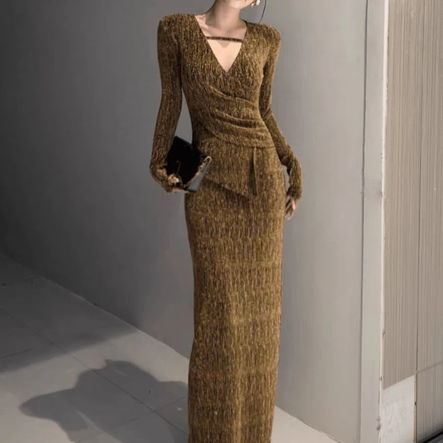 春秋新款气质高级V领包臀长裙高级感遮肉显瘦修身直筒裙开叉长裙